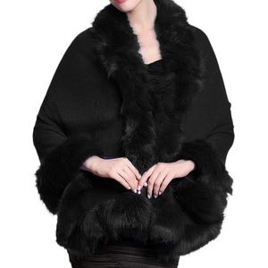 ADRIENNE VITTADINI Black Faux Fur Trim Shawl Wrap OS